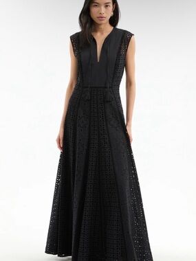 Veronica Beard Aline Black Lace Eyelet Maxi Dress Side Zip with Slip Cotton K
